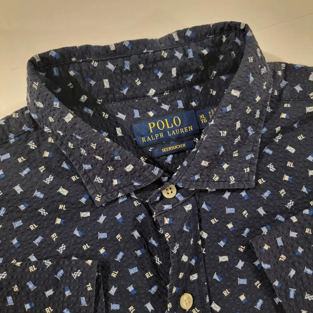 Polo Ralph‎ Lauren Seersucker Shirt Mens XL Blue All Over Print AOP RL Flags SS